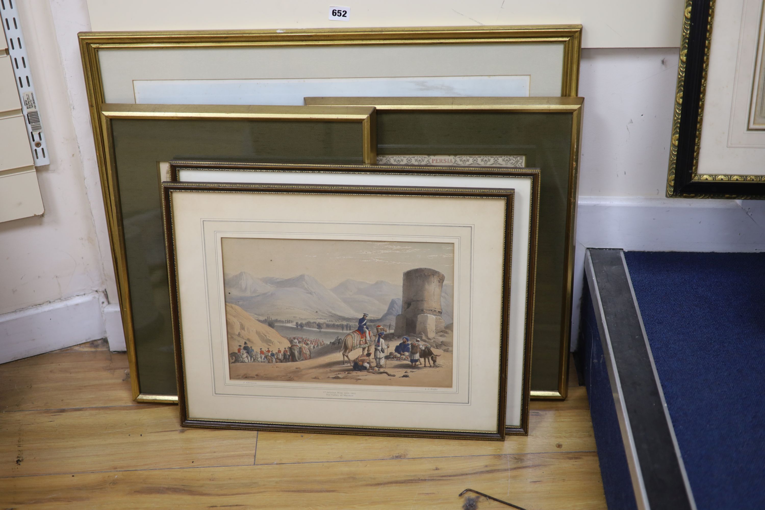 J. Atkinson, two coloured lithographs, The Encampment at Dadur and The Valley of Maidan, Afghan War 1839, two maps of Egypt and Persia and colour print After Thomas Daniel